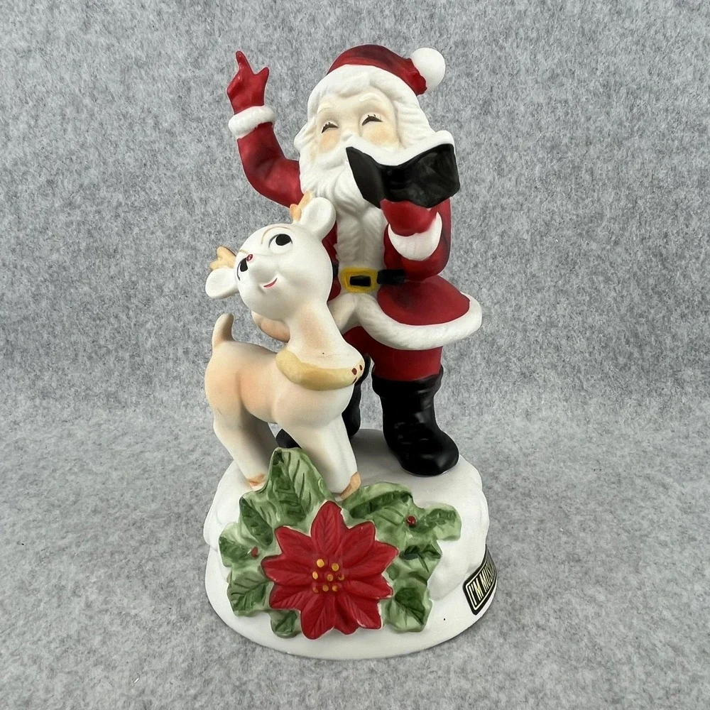 Flambro Santa Musical Figurine Medium Red Plaster Wood Taiwan Holiday Decor READ
